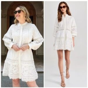 Alice + Olivia Cailin Tunic Tiered White Lace Mini Dress SZ S